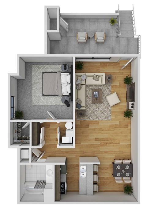 Floor plan for 1 bed, 1 bath, 864 sqft